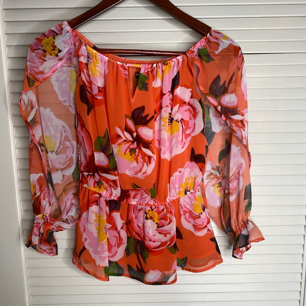 Orange floral sheer blouse
